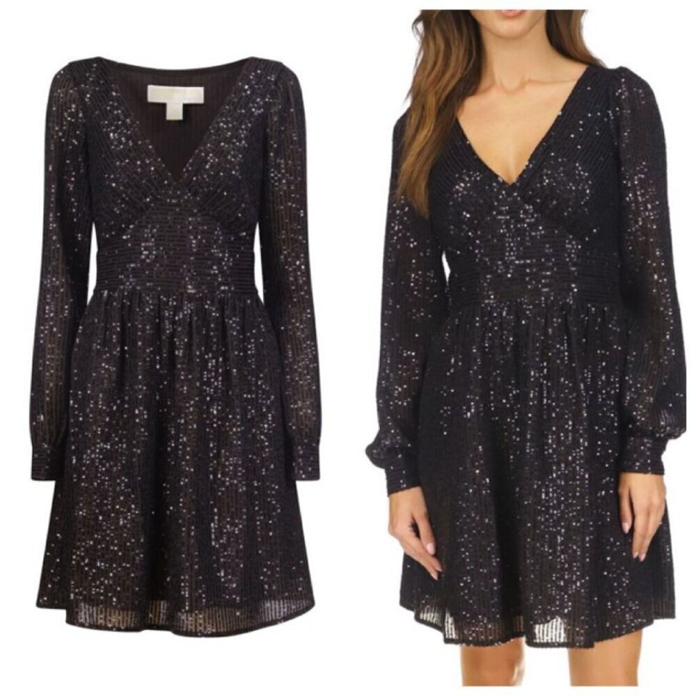 Michael Michael Kors Black Sequin V-Neck Long Sleeve Mini Dress Shimmer Party PS - Picture 3 of 10